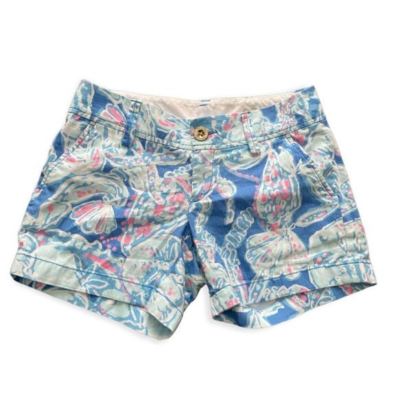 Lilly Pulitzer Callahan Knit Shorts Size 00 Into the Deep Blue Pink Shells EUC - Picture 1 of 6